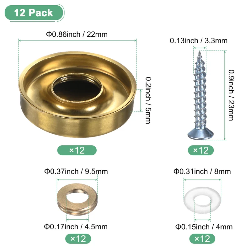 12-Pack Screw Covers Caps, 0.86" Dia Decorative Mirror Screws Cap [Gold Tone]