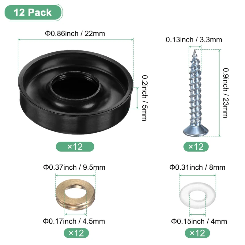 12-Pack Screw Covers Caps, 0.86" Dia Decorative Mirror Screws Cap [Black]