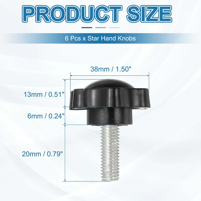 M8 x 20mm Thread Star Knobs, 6Pcs Plastic Star Hand Tightening Screw, Black
