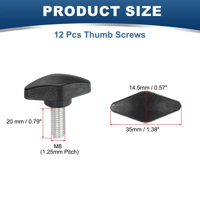 12 Pcs M8 x 20mm Tee Thumb Screws, 35mm Width Carbon Steel Tee Wing Knobs Screws