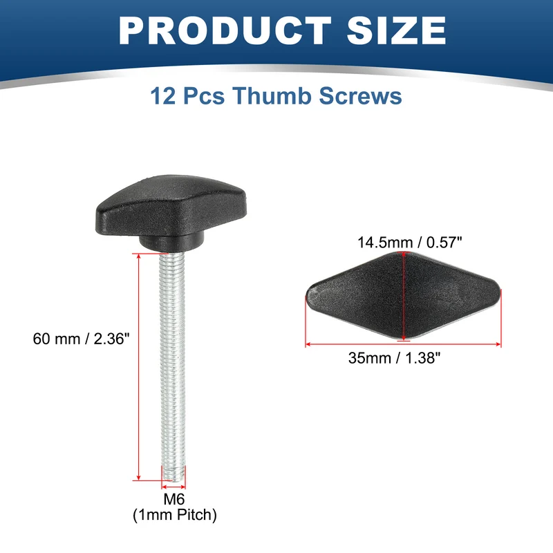 12 Pcs M6 x 60mm Tee Thumb Screws, 35mm Width Carbon Steel Tee Wing Knobs Screws