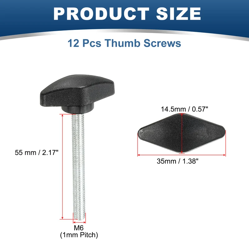 12 Pcs M6 x 55mm Tee Thumb Screws, 35mm Width Carbon Steel Tee Wing Knobs Screws