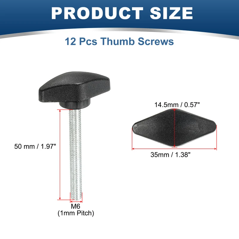 12 Pcs M6 x 50mm Tee Thumb Screws, 35mm Width Carbon Steel Tee Wing Knobs Screws