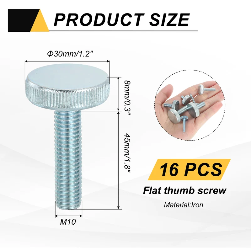 16 PCS M10x45mm Flat Knurled Head Thumb Screws for Household Appliances
