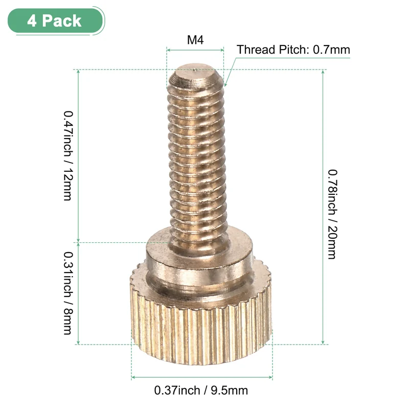 4-Pack Knurled Thumb Screws, M4x12mm Solid Brass Knobs Bolts