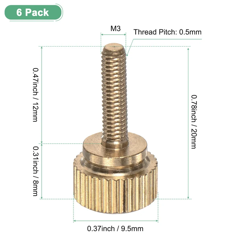 6-Pack Knurled Thumb Screws, M3x12mm Solid Brass Knobs Bolts