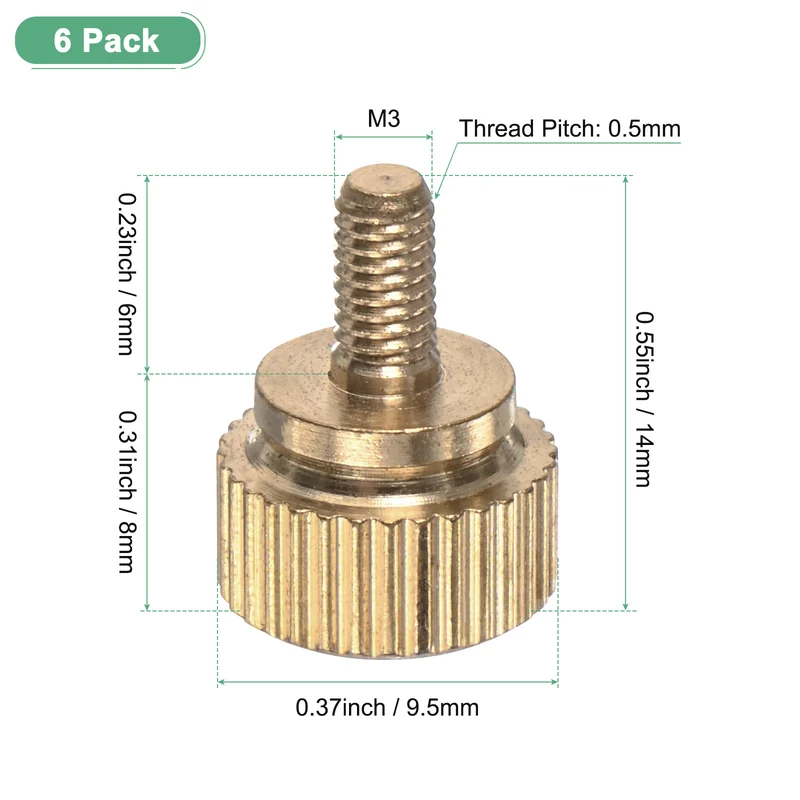 6-Pack Knurled Thumb Screws, M3x6mm Solid Brass Knobs Bolts
