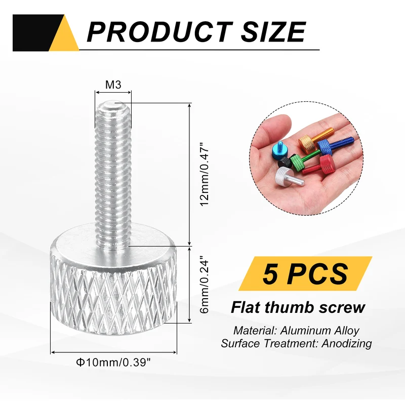 5 Pcs M3x12mm Flat Head Knurled Thumb Screws for Graphics Card, Silver