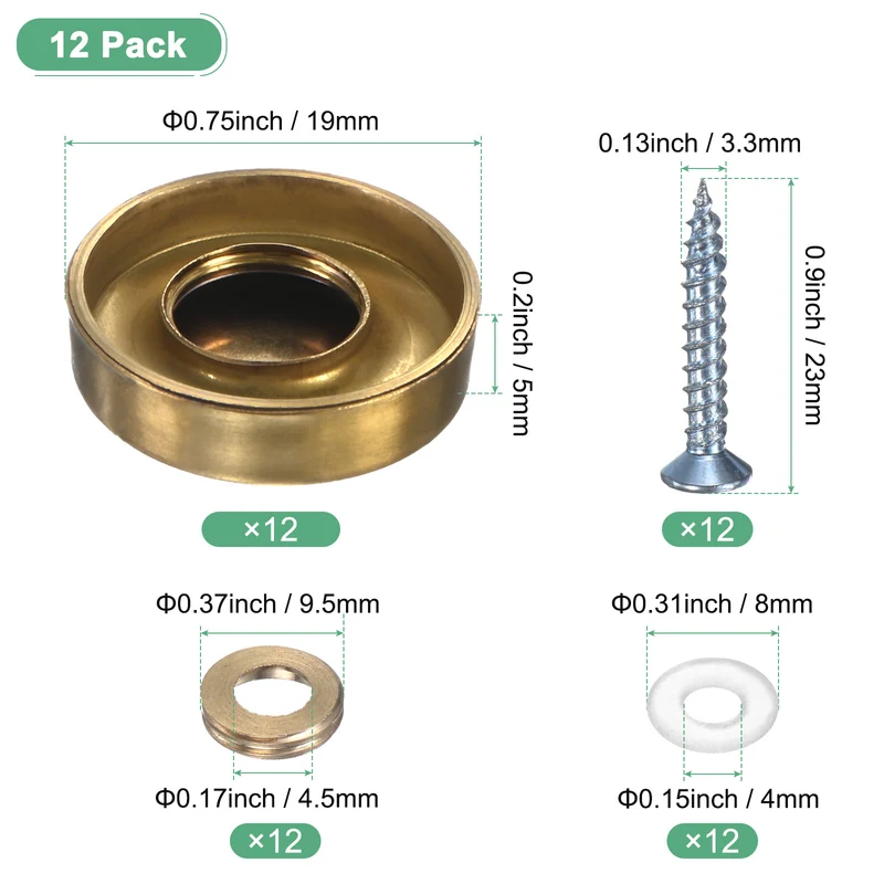 12-Pack Screw Covers Caps, 0.75" Dia Decorative Mirror Screws Cap [Gold Tone]