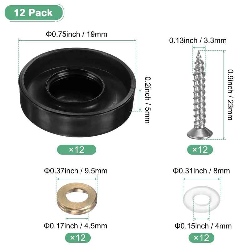 12-Pack Screw Covers Caps, 0.75" Dia Decorative Mirror Screws Cap [Black]