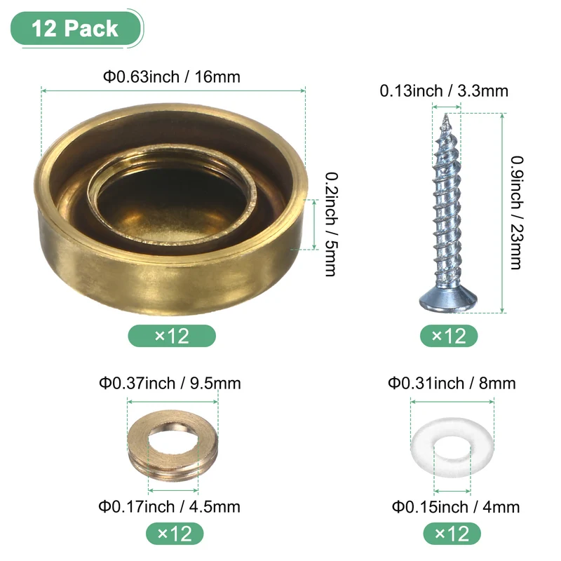 12-Pack Screw Covers Caps, 0.63" Dia Decorative Mirror Screws Cap [Gold Tone]