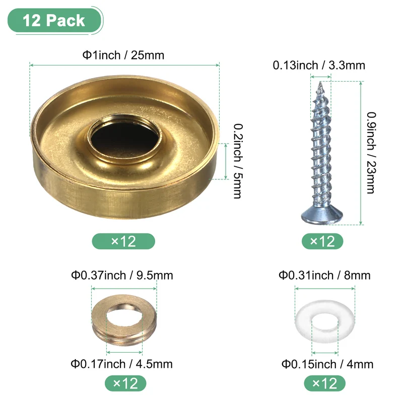 12-Pack Screw Covers Caps, 1" Dia Decorative Mirror Screws Cap [Gold Tone]