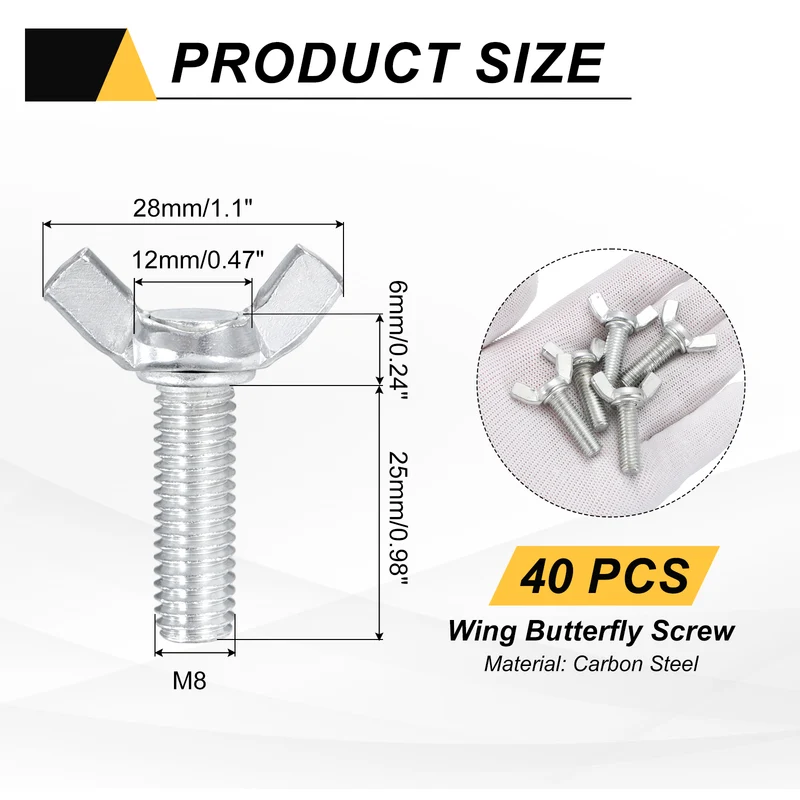 40 Pcs M8x25mm Wing Butterfly Screw Bolts, Carbon Steel Zinc Plated Wing Bolt