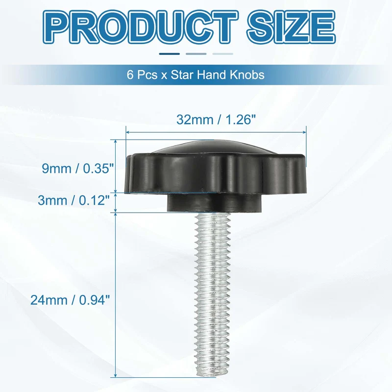 M6 x 24mm Thread Star Knobs, 6Pcs Plastic Star Hand Tightening Screw, Black