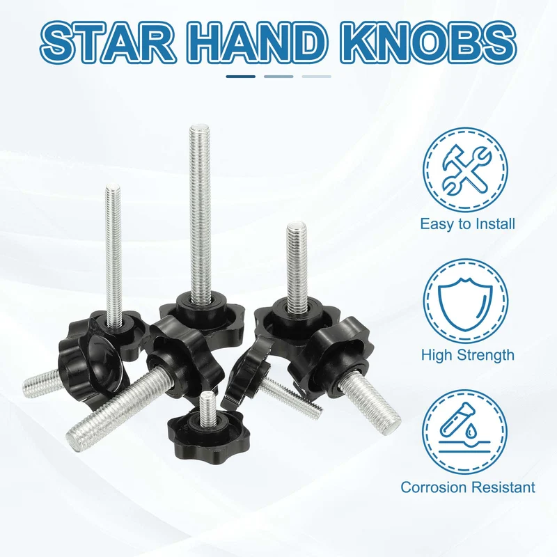 M6 x 20mm Thread Star Knobs, 6Pcs Plastic Star Hand Tightening Screw, Black