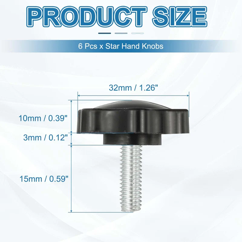M6 x 15mm Thread Star Knobs, 6Pcs Plastic Star Hand Tightening Screw, Black