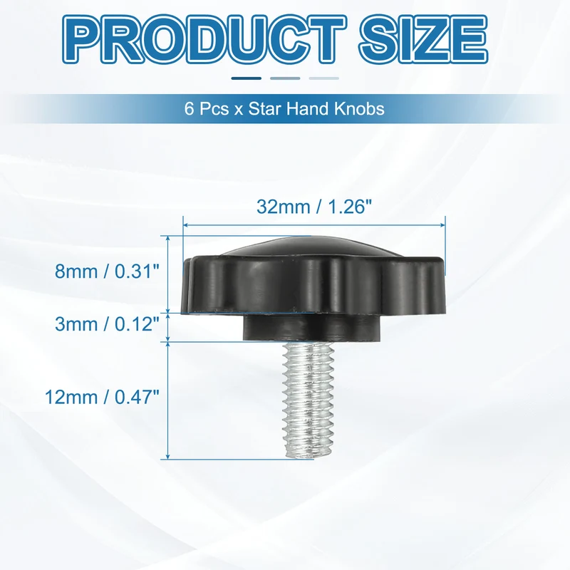 M6 x 12mm Thread Star Knobs, 6Pcs Plastic Star Hand Tightening Screw, Black