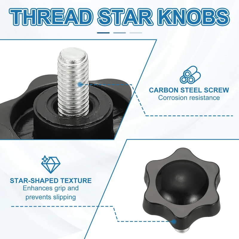 M6 x 12mm Thread Star Knobs, 6Pcs Plastic Star Hand Tightening Screw, Black