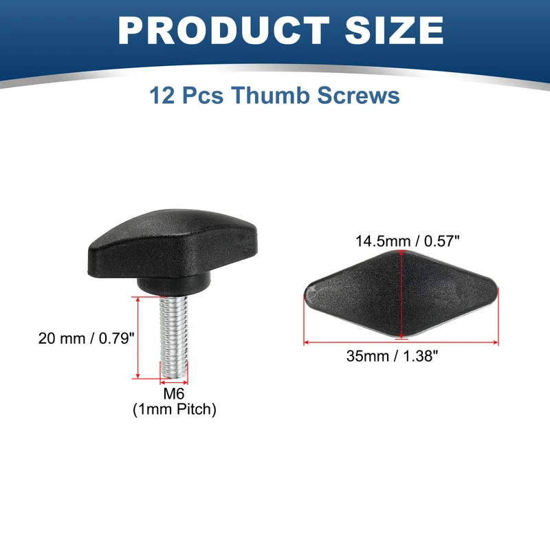 12 Pcs M6 x 20mm Tee Thumb Screws, 35mm Width Carbon Steel Tee Wing Knobs Screws