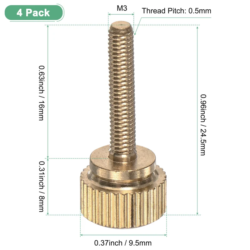 4-Pack Knurled Thumb Screws, M3x16mm Solid Brass Knobs Bolts