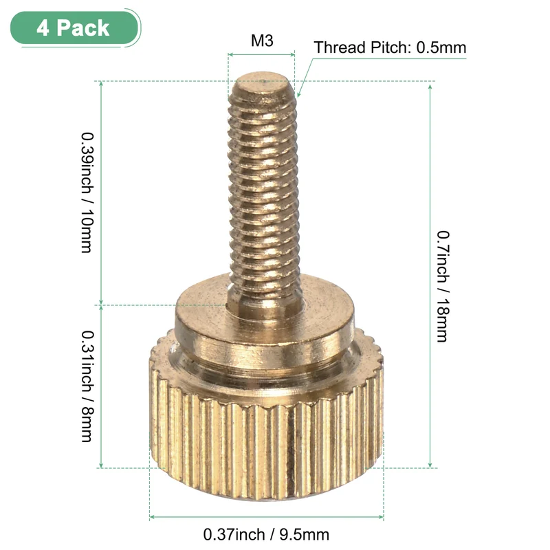 4-Pack Knurled Thumb Screws, M3x10mm Solid Brass Knobs Bolts