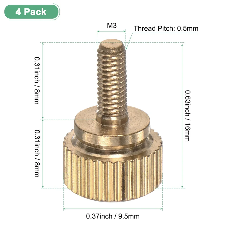 4-Pack Knurled Thumb Screws, M3x8mm Solid Brass Knobs Bolts