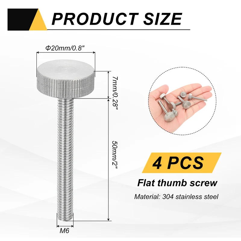 4 PCS M6 x 50mm Flat Knurled Head Thumb Screws for Industry