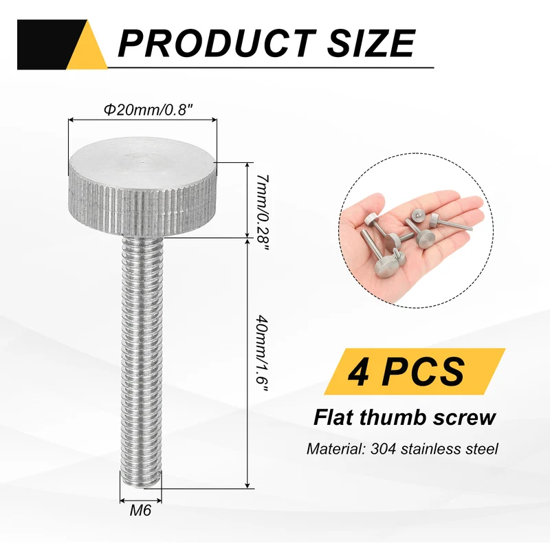 4 PCS M6 x 40mm Flat Knurled Head Thumb Screws for Industry