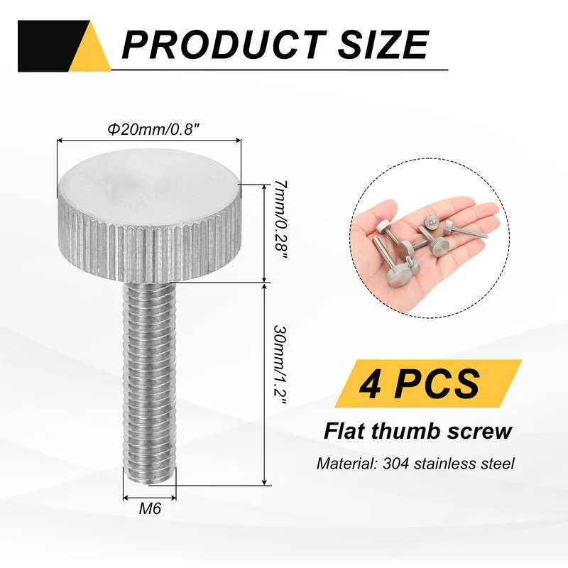 4 PCS M6 x 30mm Flat Knurled Head Thumb Screws for Industry