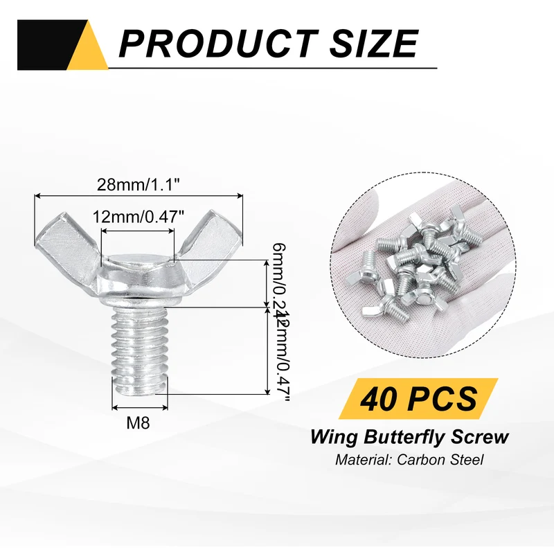 40 Pcs M8x12mm Wing Butterfly Screw Bolts, Carbon Steel Zinc Plated Wing Bolt