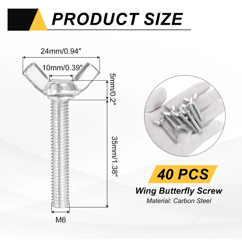 40 Pcs M6x35mm Wing Butterfly Screw Bolts, Carbon Steel Zinc Plated Wing Bolt