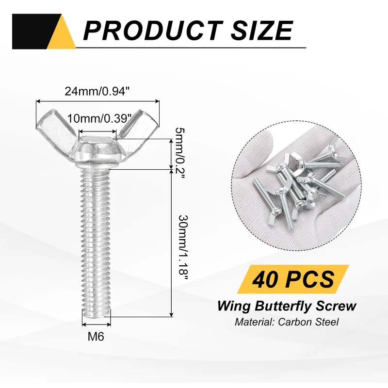 40 Pcs M6x30mm Wing Butterfly Screw Bolts, Carbon Steel Zinc Plated Wing Bolt