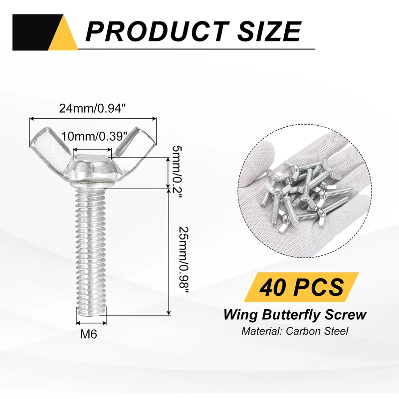 40 Pcs M6x25mm Wing Butterfly Screw Bolts, Carbon Steel Zinc Plated Wing Bolt