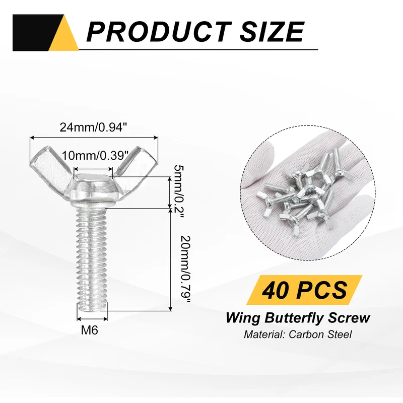 40 Pcs M6x20mm Wing Butterfly Screw Bolts, Carbon Steel Zinc Plated Wing Bolt