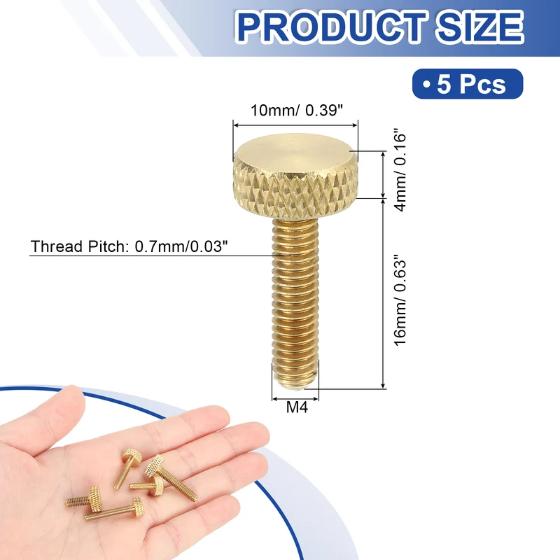5Pcs Brass Knurled Thumb Screws, M4x16mm Flat Grip Bolt Knobs Fasteners