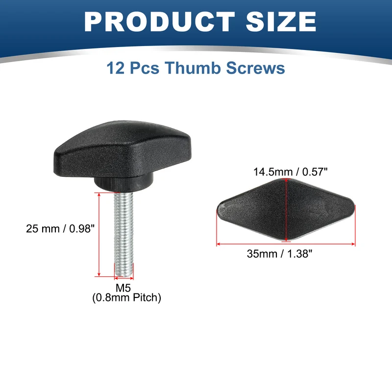 12 Pcs M5 x 25mm Tee Thumb Screws, 35mm Width Carbon Steel Tee Wing Knobs Screws