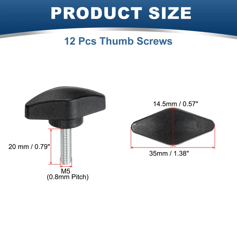 12 Pcs M5 x 20mm Tee Thumb Screws, 35mm Width Carbon Steel Tee Wing Knobs Screws