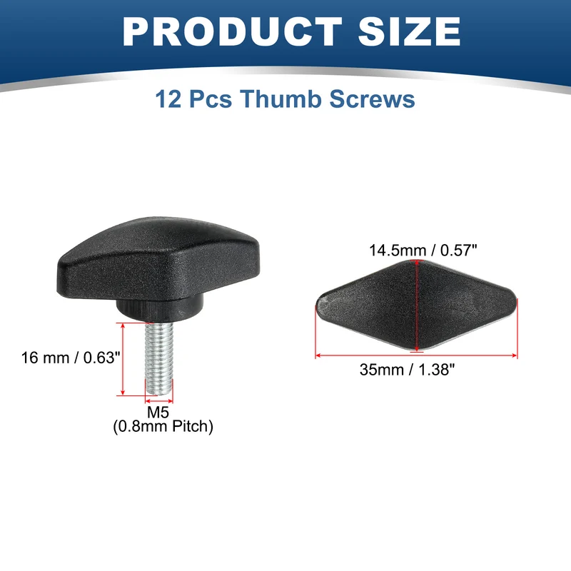 12 Pcs M5 x 16mm Tee Thumb Screws, 35mm Width Carbon Steel Tee Wing Knobs Screws
