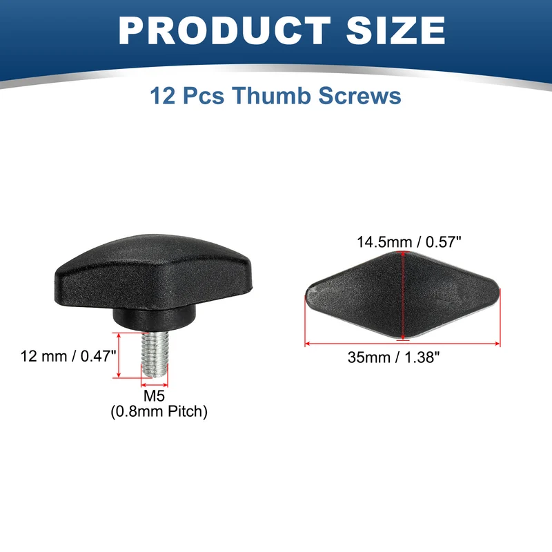 12 Pcs M5 x 12mm Tee Thumb Screws, 35mm Width Carbon Steel Tee Wing Knobs Screws