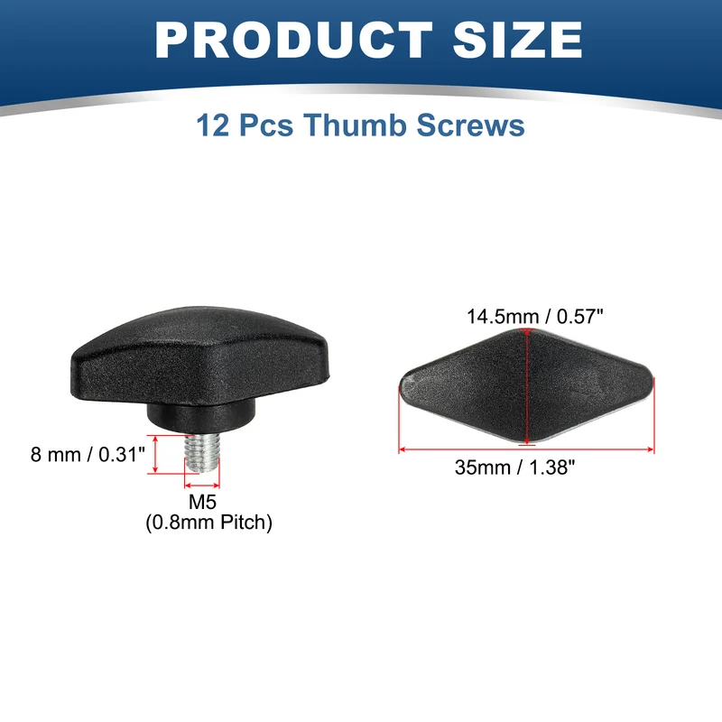 12 Pcs M5 x 8mm Tee Thumb Screws, 35mm Width Carbon Steel Tee Wing Knobs Screws