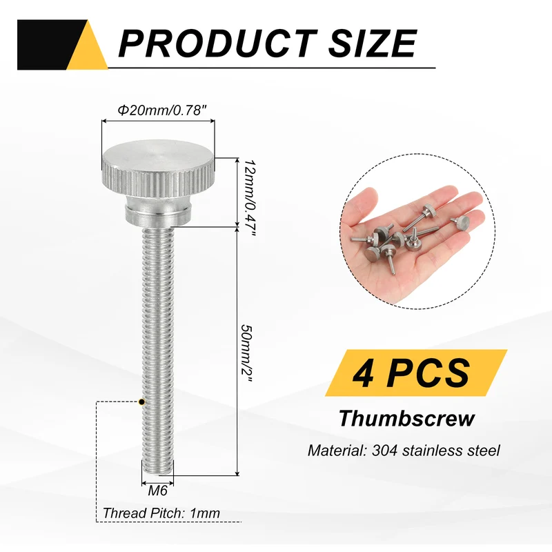 4 PCS M6 x 50mm Flat Knurled Head Thumb Screws for Household Appliances
