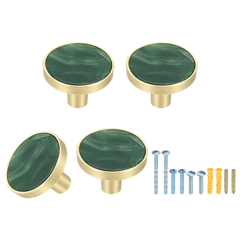 4Pcs Gold Cabinet Knobs 1-1/4" Round Knobs Cabinet Handles, Moss Green