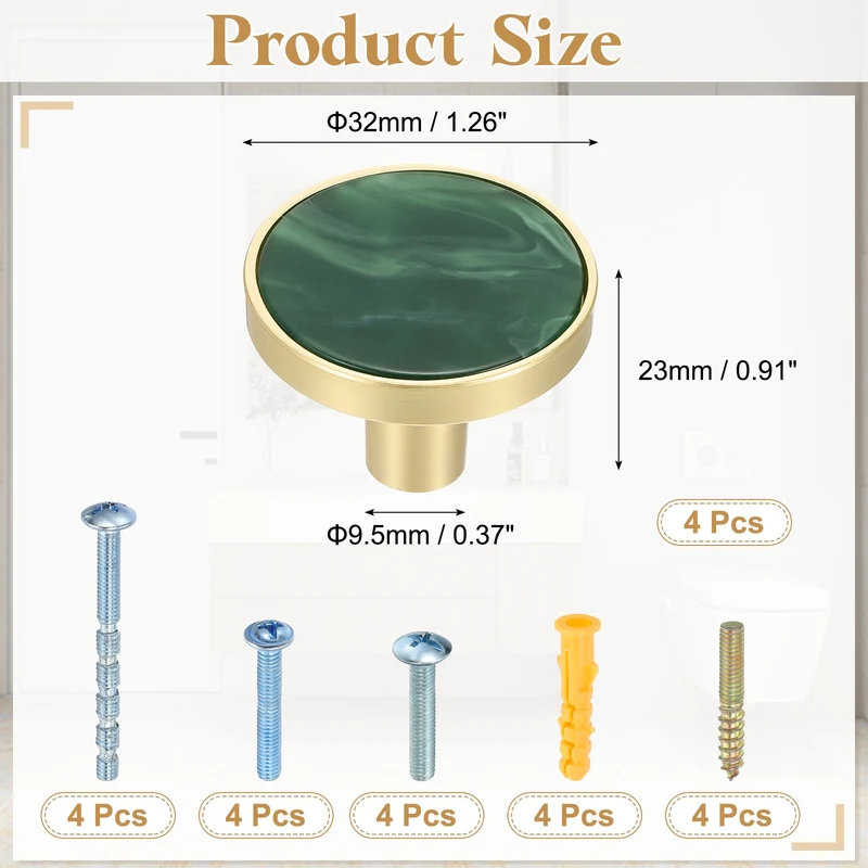 4Pcs Gold Cabinet Knobs 1-1/4" Round Knobs Cabinet Handles, Moss Green