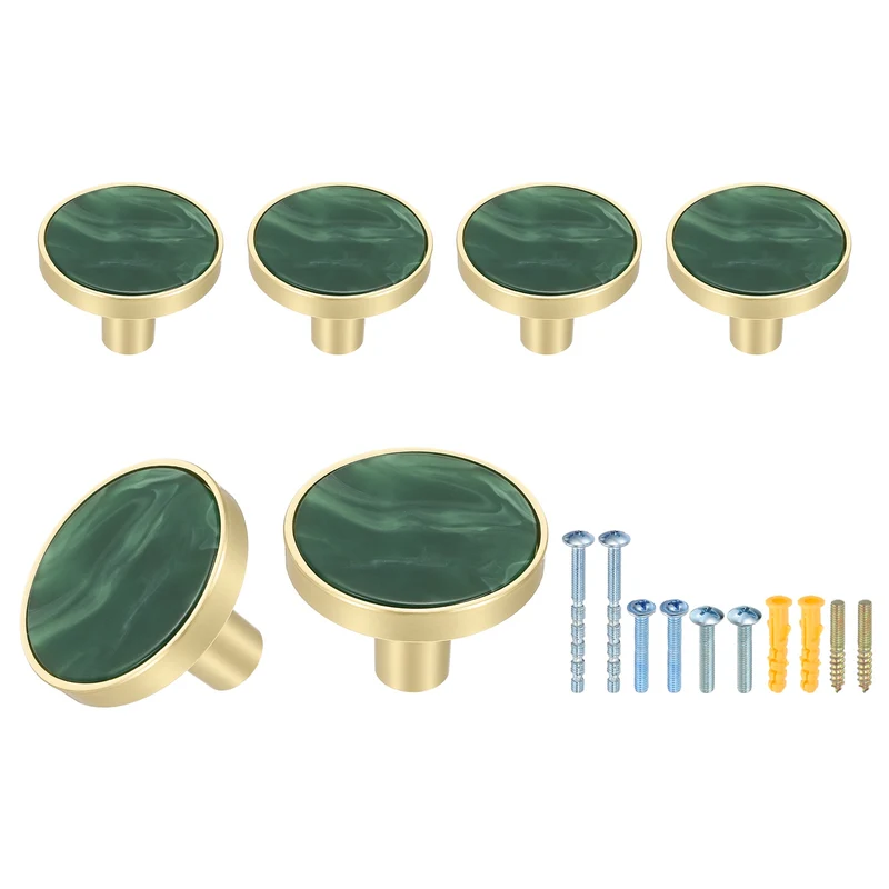 6Pcs Gold Cabinet Knobs 1-1/4" Round Knobs Cabinet Handles, Moss Green