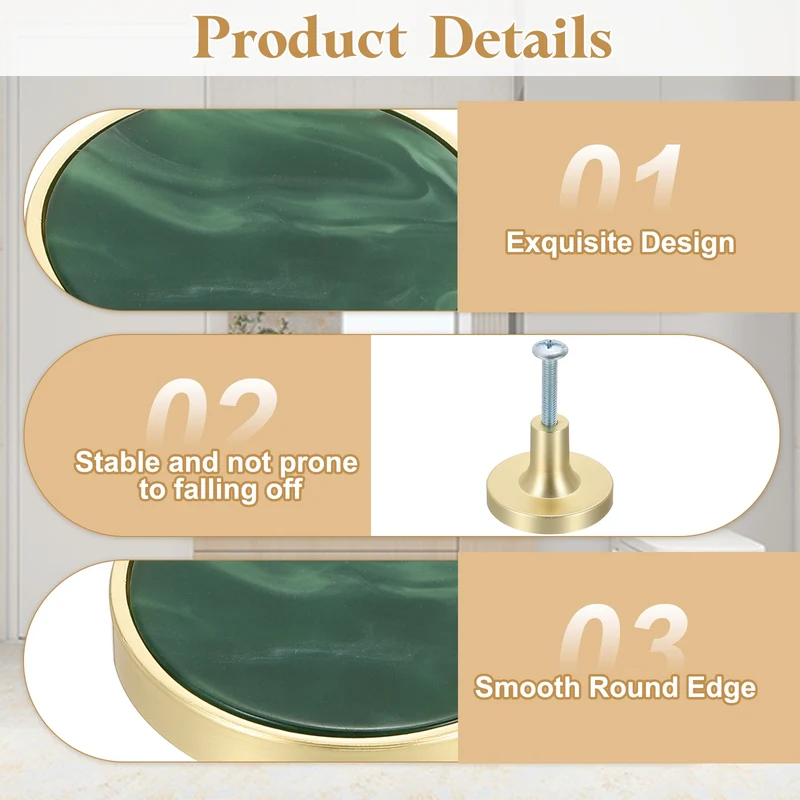6Pcs Gold Cabinet Knobs 1-1/4" Round Knobs Cabinet Handles, Moss Green