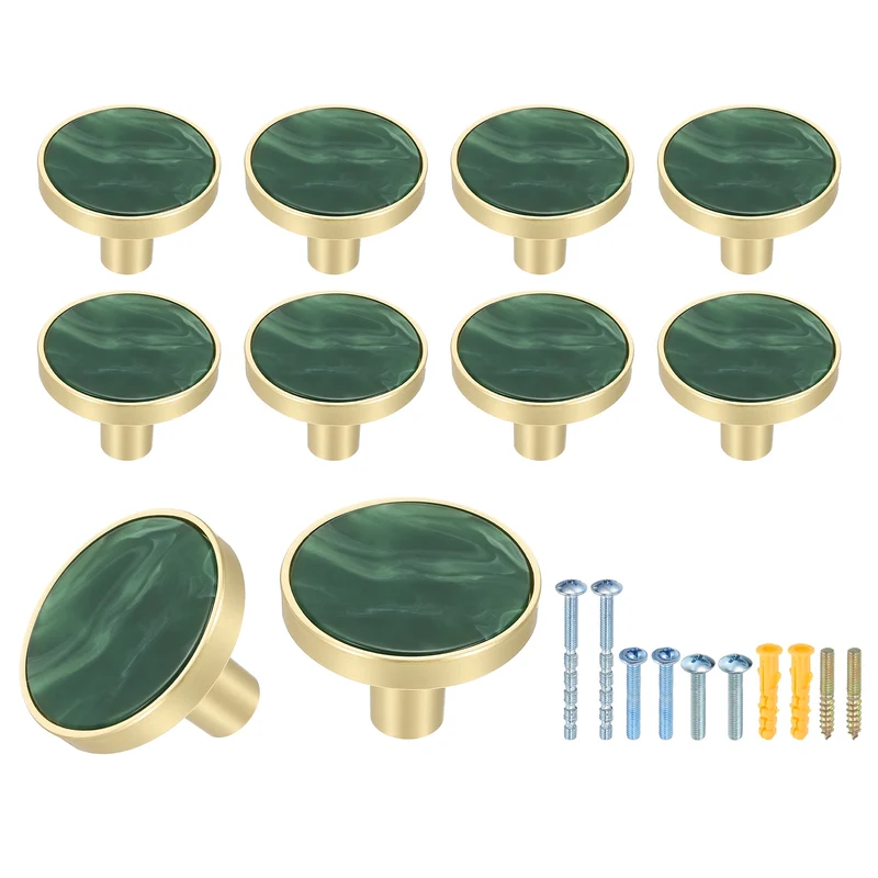 10Pcs Gold Cabinet Knobs 1-1/4" Round Knobs Cabinet Handles, Moss Green