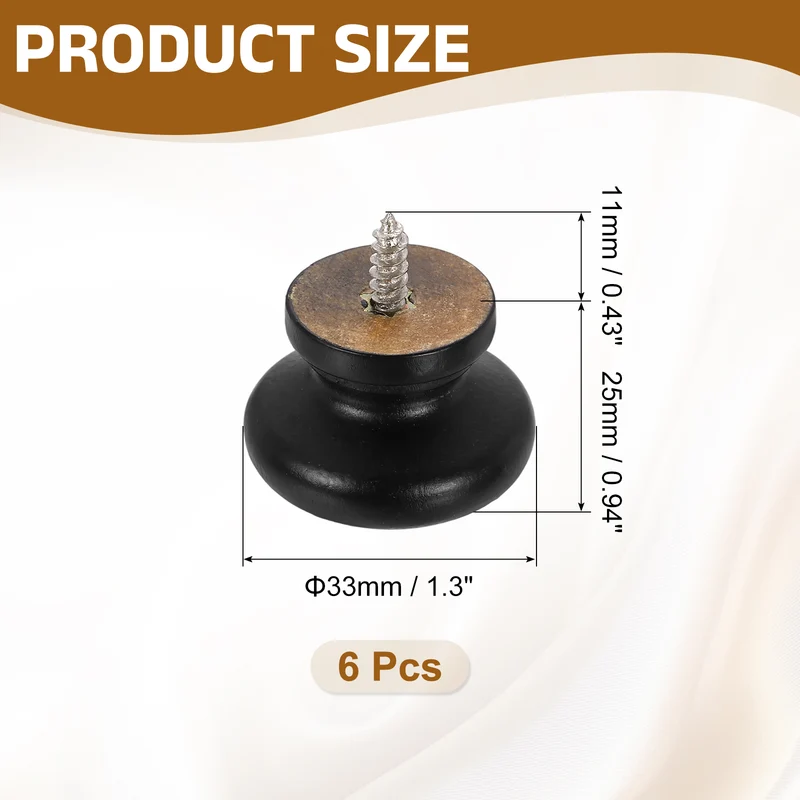 6Pcs 1.3" Self-Tapping Round Wood Drawer Knob Paint Mushroom Shape, Black