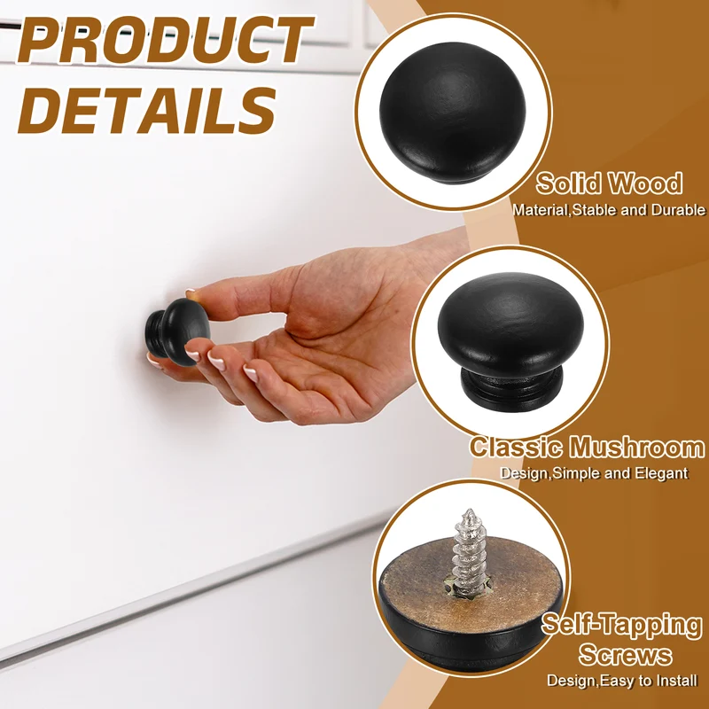 4Pcs 1.3" Self-Tapping Round Wood Drawer Knob Paint Mushroom Shape, Black