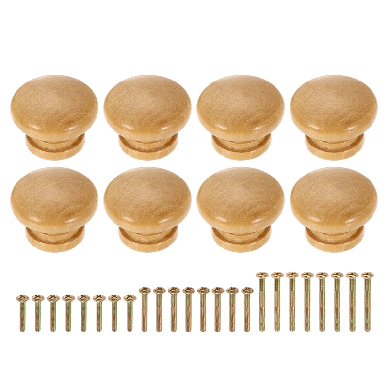 8Pcs 1.6" Dia Mushroom Shape Paint Round Wood Drawer Knob with Screw, Wood Color