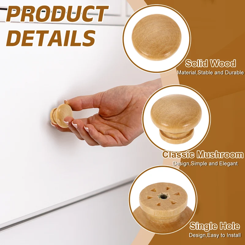 8Pcs 1.6" Dia Mushroom Shape Paint Round Wood Drawer Knob with Screw, Wood Color